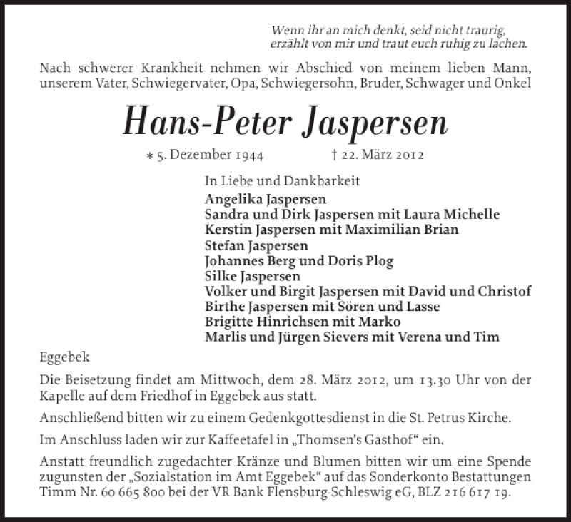  Traueranzeige für Hans-Peter Jaspersen vom 24.03.2012 aus Flensburger Tageblatt