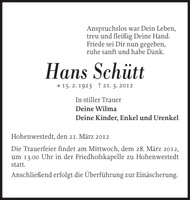  Traueranzeige für Hans Schütt vom 24.03.2012 aus Landeszeitung