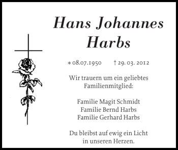 Traueranzeige von Hans Johannes Harbs von Landeszeitung