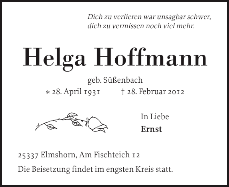  Traueranzeige für Helga Hoffmann vom 03.03.2012 aus Elmshorner Nachrichten
