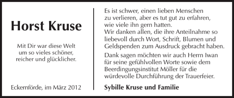  Traueranzeige für Horst Kruse vom 10.03.2012 aus Eckernförder Zeitung