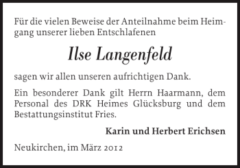 Traueranzeige von Ilse Langenfeld von Flensburger Tageblatt