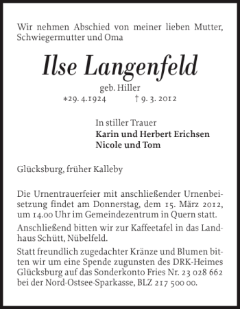 Traueranzeige von Ilse Langenfeld von Flensburger Tageblatt