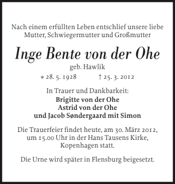 Traueranzeige von Inge Bente von der Ohe von Flensburger Tageblatt