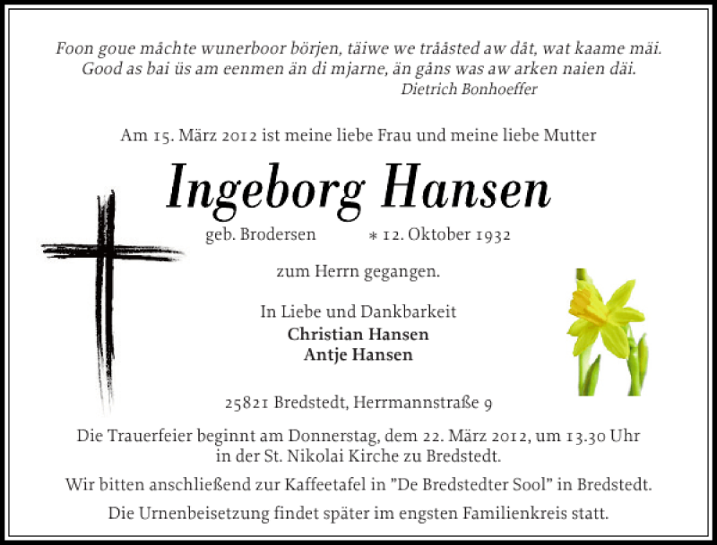  Traueranzeige für Ingeborg Hansen vom 19.03.2012 aus Flensburger Tageblatt