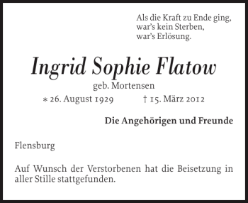 Traueranzeige von Ingrid Sophie Flatow von Flensburger Tageblatt