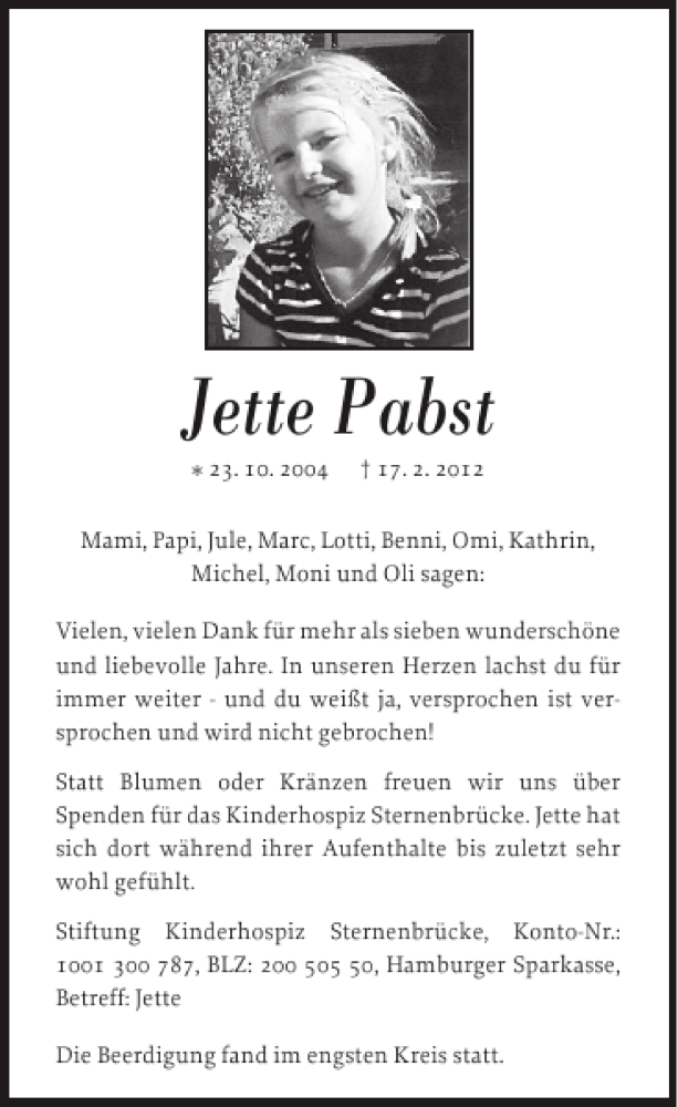  Traueranzeige für Jette Pabst vom 03.03.2012 aus Pinneberger Tageblatt