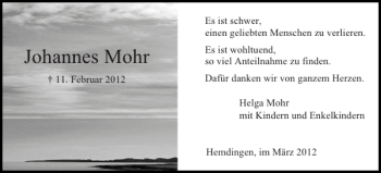 Traueranzeige von Johannes Mohr von Pinneberger Tageblatt