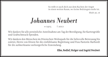 Traueranzeige von Johannes Neubert von Nordfriesland Tageblatt