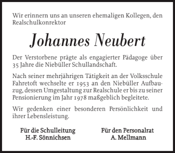 Traueranzeige von Johannes Neubert von Nordfriesland Tageblatt