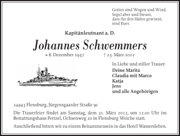 Traueranzeige von Johannes Schwemmers von Flensburger Tageblatt