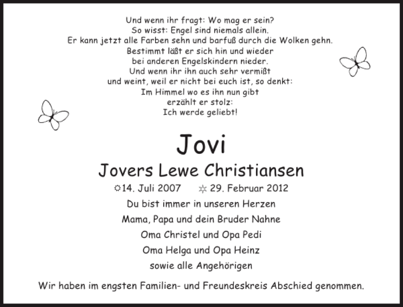  Traueranzeige für Jovi Jovers Lewe Christiansen vom 10.03.2012 aus Husumer Nachrichten