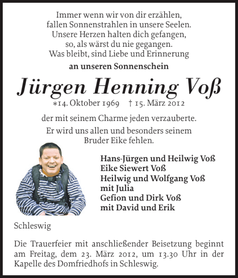  Traueranzeige für Jürgen Henning Voß vom 20.03.2012 aus Schleswiger Nachrichten