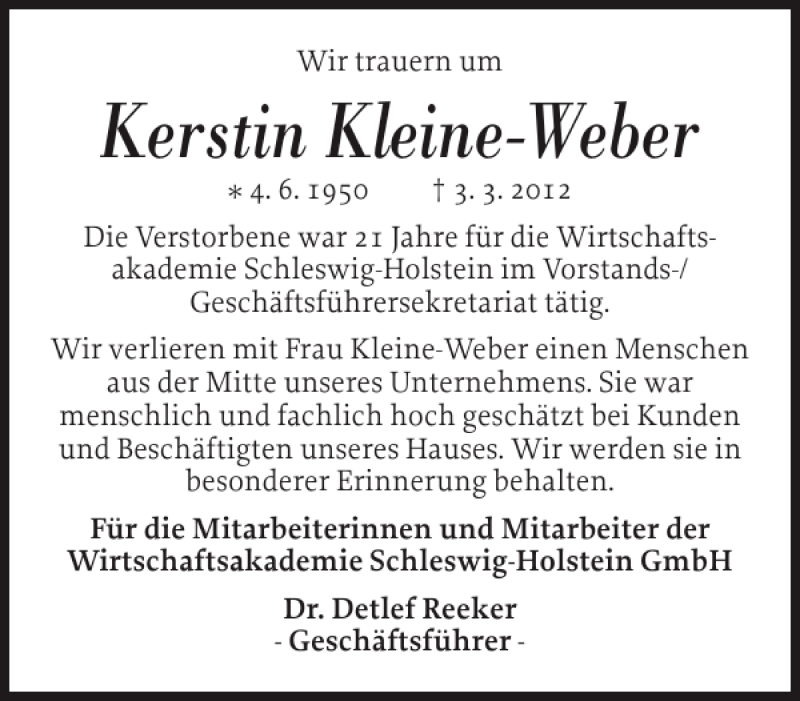  Traueranzeige für Kerstin Kleine-Weber vom 09.03.2012 aus Eckernförder Zeitung