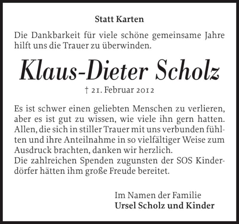  Traueranzeige für Klaus-Dieter Scholz vom 17.03.2012 aus Schleswiger Nachrichten