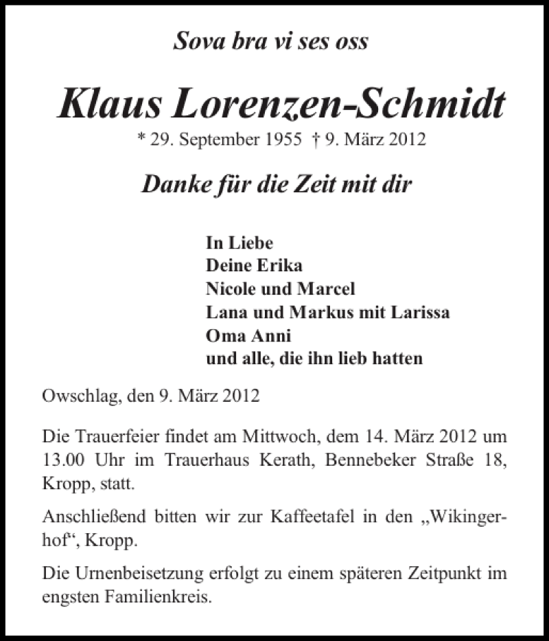  Traueranzeige für Klaus Lorenzen-Schmidt vom 13.03.2012 aus Landeszeitung