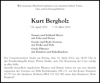 Traueranzeige von Kurt Bergholz von Ostholsteiner Anzeiger