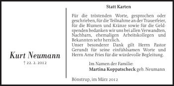 Traueranzeige von Kurt Neumann von Flensburger Tageblatt