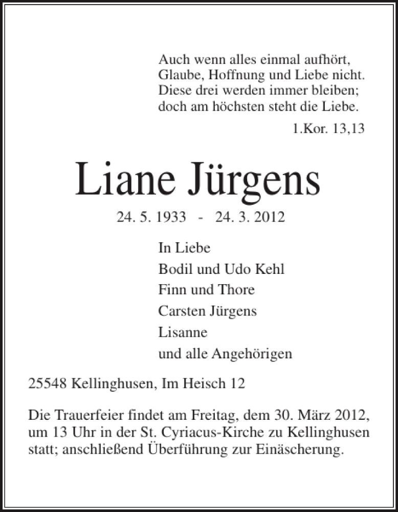  Traueranzeige für Liane Jürgens vom 27.03.2012 aus Norddeutsche Rundschau