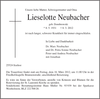 Traueranzeige von Lieselotte Neubacher von Norddeutsche Rundschau