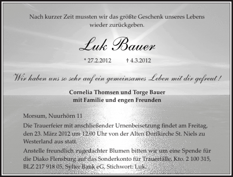  Traueranzeige für Luk Bauer vom 19.03.2012 aus Sylter Rundschau