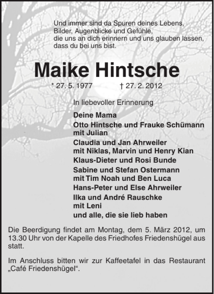  Traueranzeige für Maike Hintsche vom 01.03.2012 aus Flensburger Tageblatt
