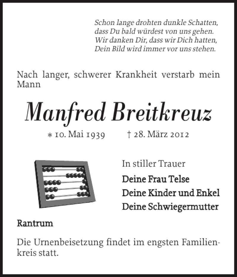  Traueranzeige für Manfred Breitkreuz vom 31.03.2012 aus Husumer Nachrichten