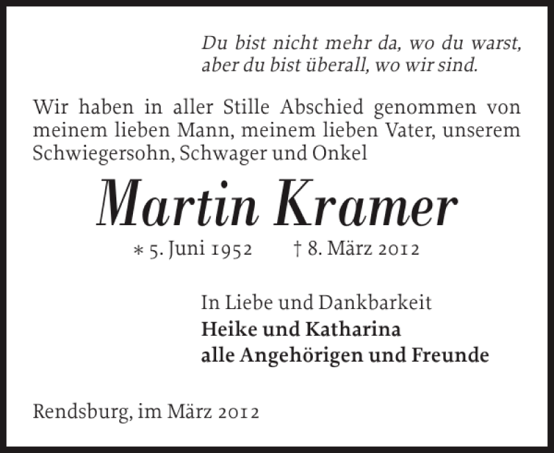  Traueranzeige für Martin Kramer vom 17.03.2012 aus Landeszeitung