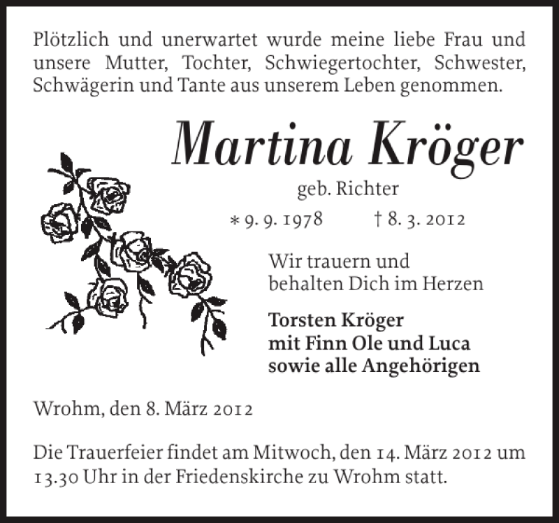 Traueranzeige für Martina Kröger vom 10.03.2012 aus Landeszeitung