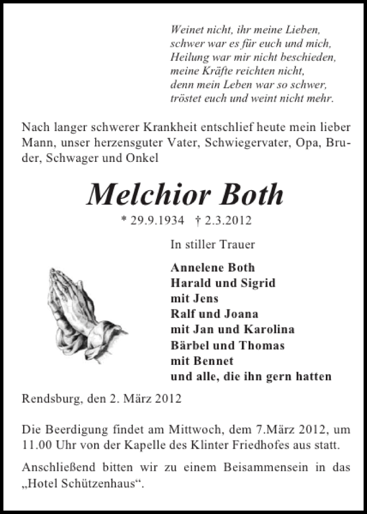  Traueranzeige für Melchior Both vom 05.03.2012 aus Landeszeitung