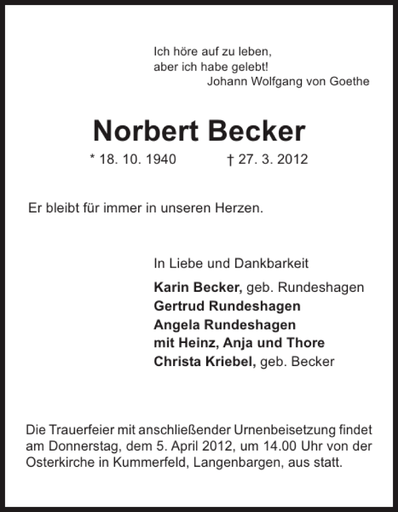  Traueranzeige für Norbert Becker vom 31.03.2012 aus Pinneberger Tageblatt