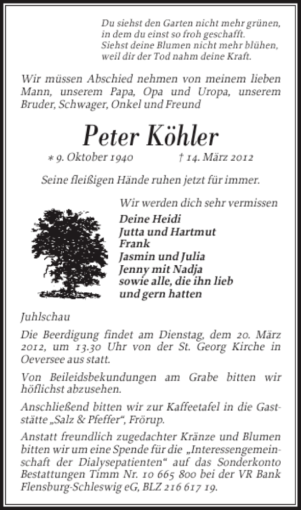  Traueranzeige für Peter Köhler vom 17.03.2012 aus Flensburger Tageblatt