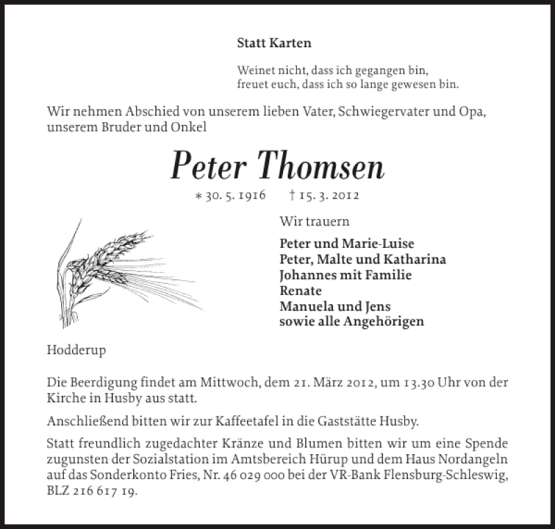  Traueranzeige für Peter Thomsen vom 19.03.2012 aus Flensburger Tageblatt