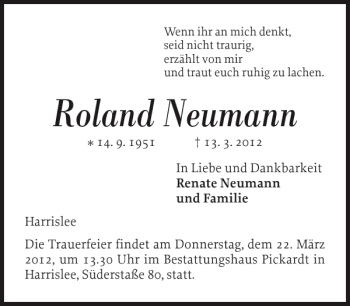 Traueranzeige von Roland Neumann von Flensburger Tageblatt