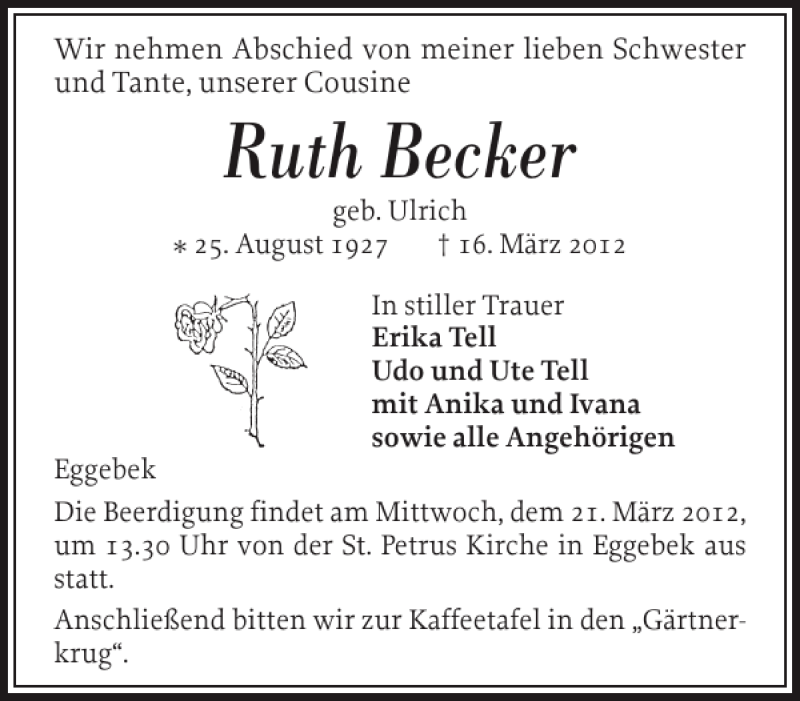 Traueranzeige für Ruth Becker vom 19.03.2012 aus Flensburger Tageblatt