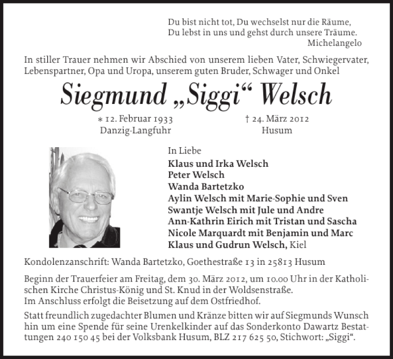  Traueranzeige für Siegmund Siggi Welsch vom 28.03.2012 aus Husumer Nachrichten