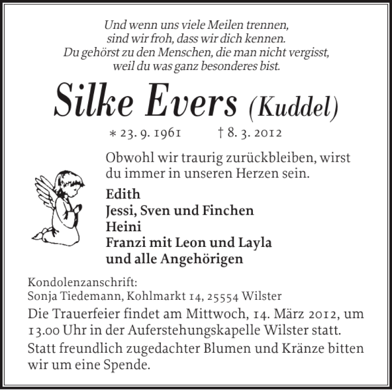  Traueranzeige für Silke Evers vom 12.03.2012 aus Norddeutsche Rundschau