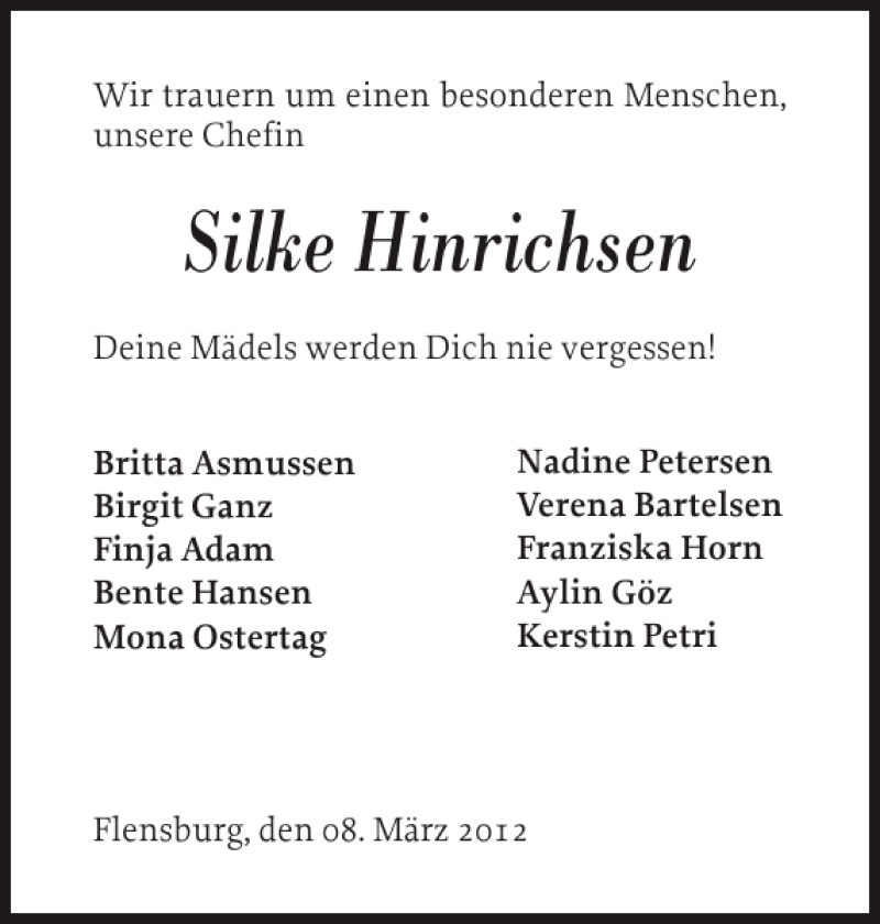  Traueranzeige für Silke Hinrichsen vom 10.03.2012 aus Flensburger Tageblatt