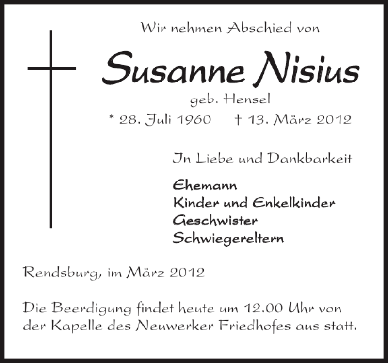  Traueranzeige für Susanne Nisius vom 22.03.2012 aus Landeszeitung