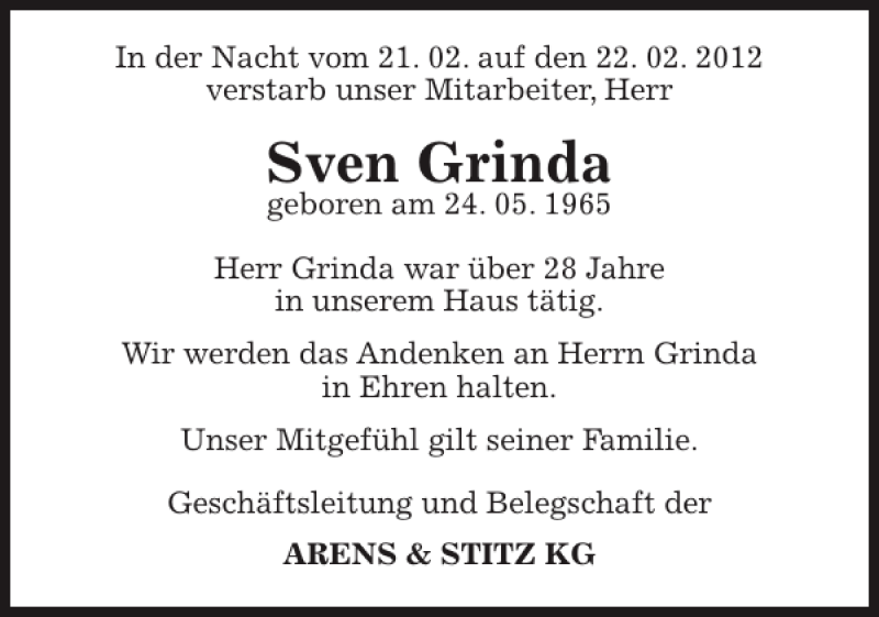  Traueranzeige für Sven Grinda vom 01.03.2012 aus Pinneberger Tageblatt