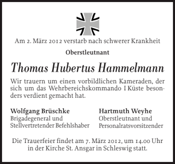 Traueranzeige von Thomas Hubertus Hammelmann von Flensburger Tageblatt