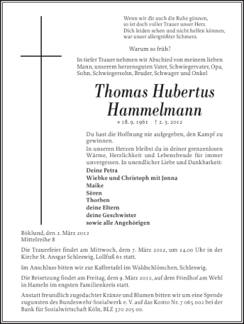 Traueranzeige von Thomas Hubertus Hammelmann von Flensburger Tageblatt