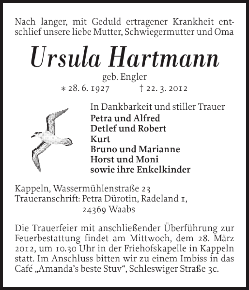  Traueranzeige für Ursula Hartmann vom 26.03.2012 aus Schlei-Bote