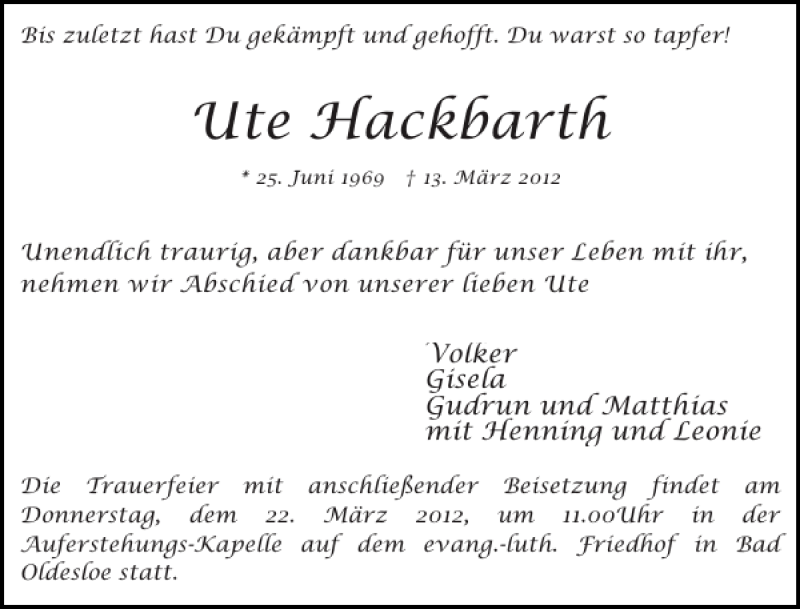  Traueranzeige für Ute Hackbarth vom 17.03.2012 aus Stormarner Tageblatt