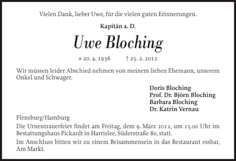  Traueranzeige für Uwe Bloching vom 05.03.2012 aus Flensburger Tageblatt