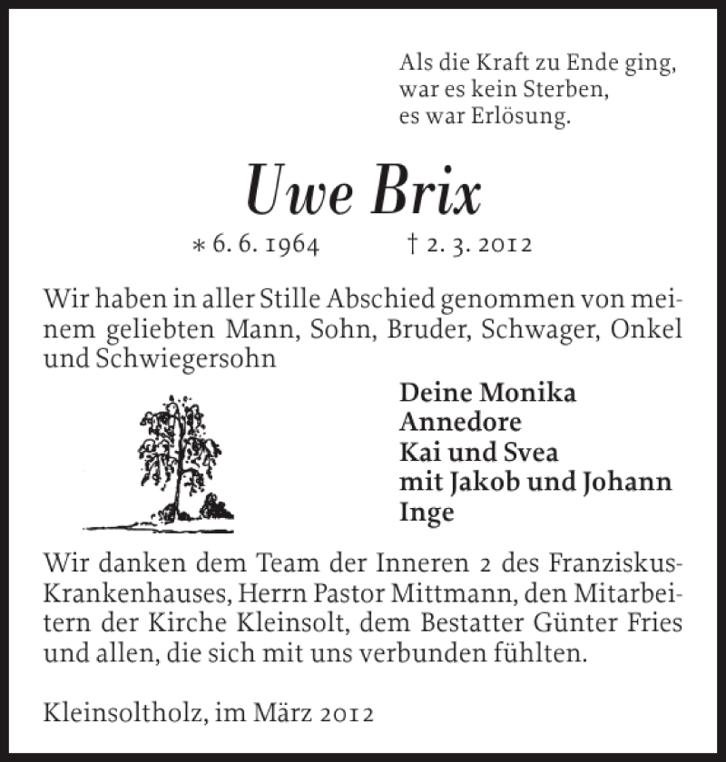  Traueranzeige für Uwe Brix vom 10.03.2012 aus Flensburger Tageblatt