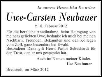 Traueranzeige von Uwe-Carsten Neubauer von Husumer Nachrichten