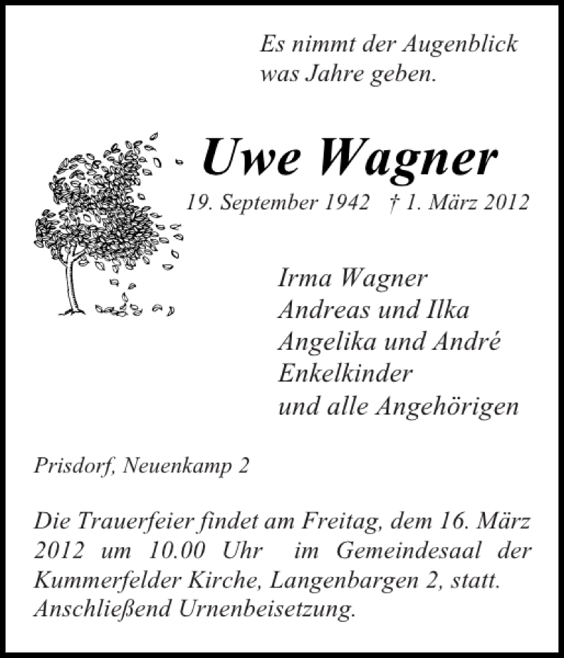  Traueranzeige für Uwe Wagner vom 10.03.2012 aus Pinneberger Tageblatt