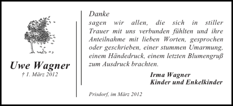  Traueranzeige für Uwe Wagner vom 31.03.2012 aus Pinneberger Tageblatt