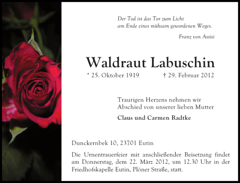  Traueranzeige für Waldraut Labuschin vom 19.03.2012 aus Ostholsteiner Anzeiger